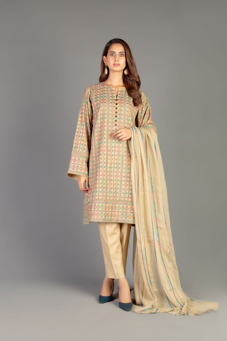 Winter Cambric Sets With Long Sleeves, Winter Long Sleeve Salwar Kameez With Printed Motifs, Traditional Winter Unstitched Suit With Printed Motifs, Winter Cotton Sets With Dupatta, Winter Unstitched Suit With Printed Motifs, Embroidered Long Sleeve Lawn Suit For Winter, Fitted Cotton Salwar Kameez With Naqshi Detail, Cream Long Sleeve Kurta With Printed Motifs, Spring Beige Dabka Sets