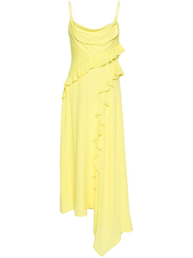 lemon yellow cady texture ruffled detailing flared adjustable spaghetti straps round draped neck asymmetric hem full lining concealed side hook and zip fastening Msgm Dress, Chanel Dress, Ruffled Dress, Lemon Yellow, Cocktail Dress Party, Yellow Dress, Asymmetric Hem, Party Outfit, Spaghetti Strap