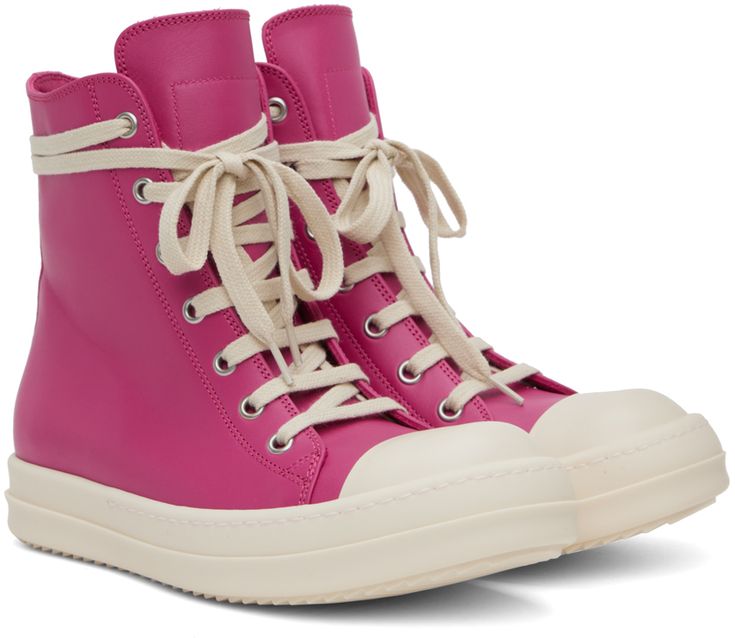 High-top buffed calfskin sneakers in pink. · Round calfskin cap toe · Lace-up closure · Zip closure at inner side · Treaded rubber sole Supplier color: Hot pink/Milk/Milk Pink High-top Sneakers With Contrast Sole And Round Toe, Pink High-top Sneakers With Contrast Sole, Casual Pink High-top Sneakers With Rubber Toe Cap, Pink High-top Sneakers With Rubber Toe Cap, Pink High-top Sneakers With Contrast Sole For Spring, Pink High-top Sneakers With Rubber Toe Cap For Streetwear, Pink Leather High-top Sneakers With Round Toe, Pink Low-top Sneakers With Rubber Toe Cap, Pink Lace-up Sneakers With Rubber Toe Cap