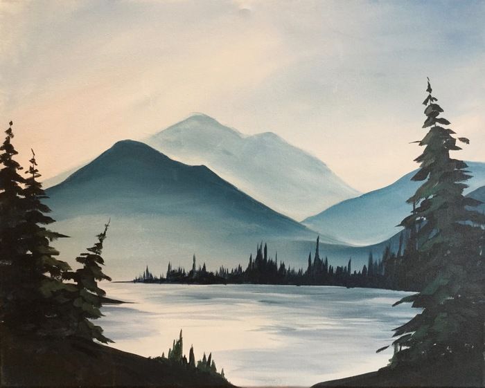 a painting of a mountain lake with trees in the foreground