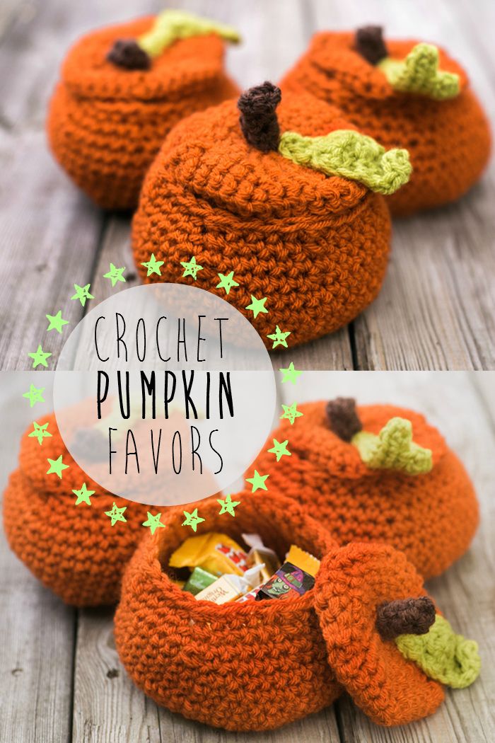 crochet pumpkin favors with text overlay