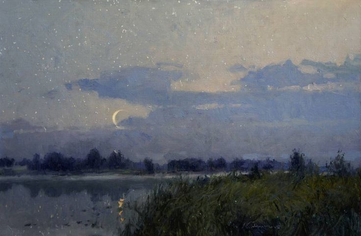 an oil painting of the night sky over a lake