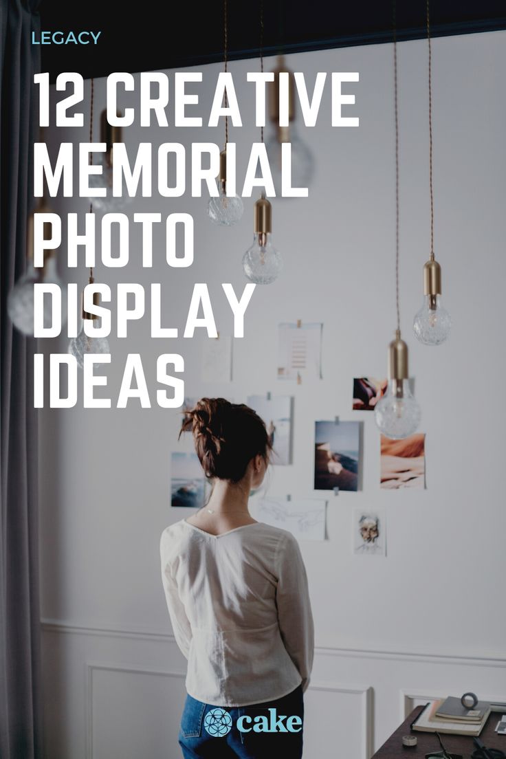 a woman standing in front of a window with the words 12 creative memorial photo display ideas