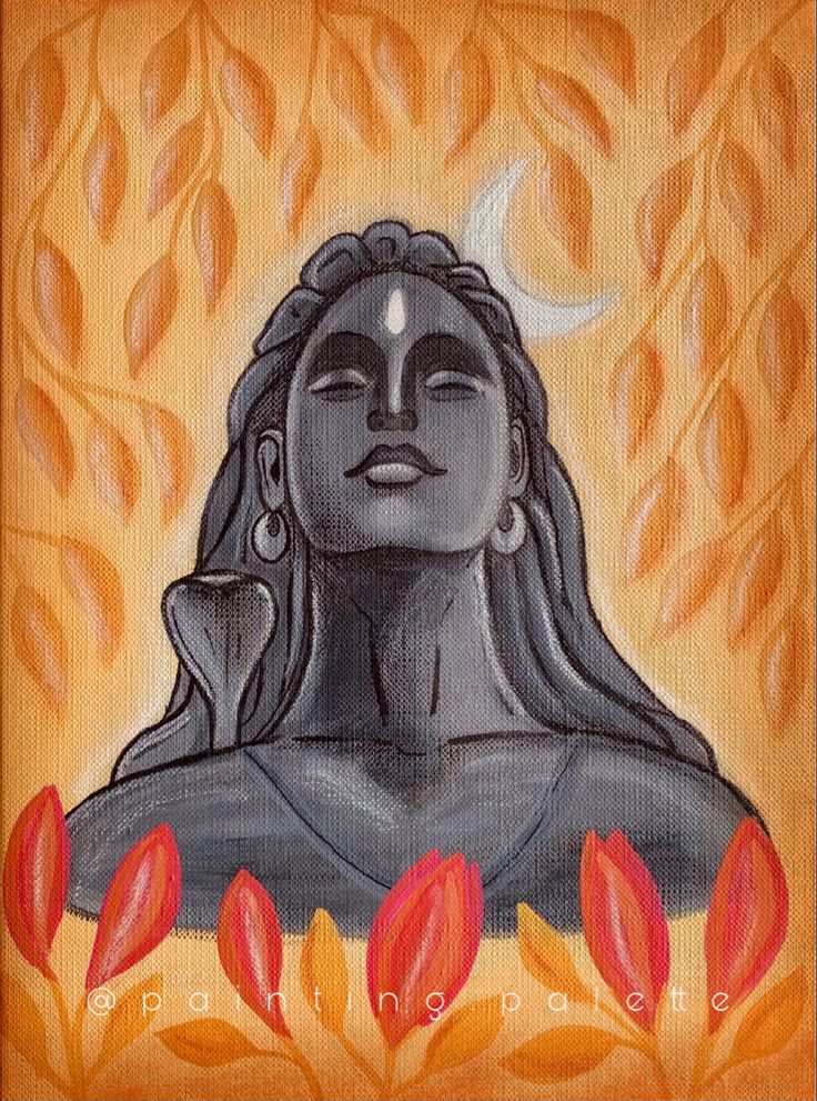 a painting of a woman with long hair and eyes closed, in front of flames