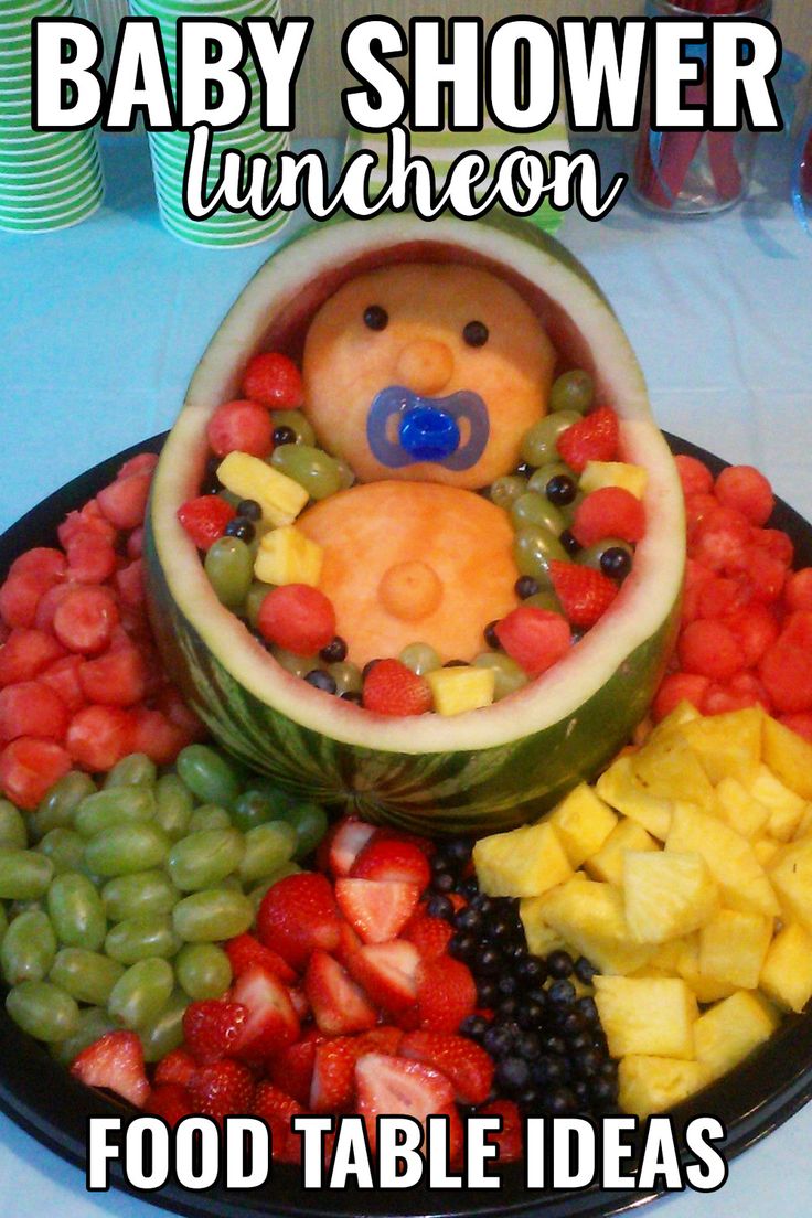 baby shower luncheon food table ideas with bear in the fruit bowl and watermelon