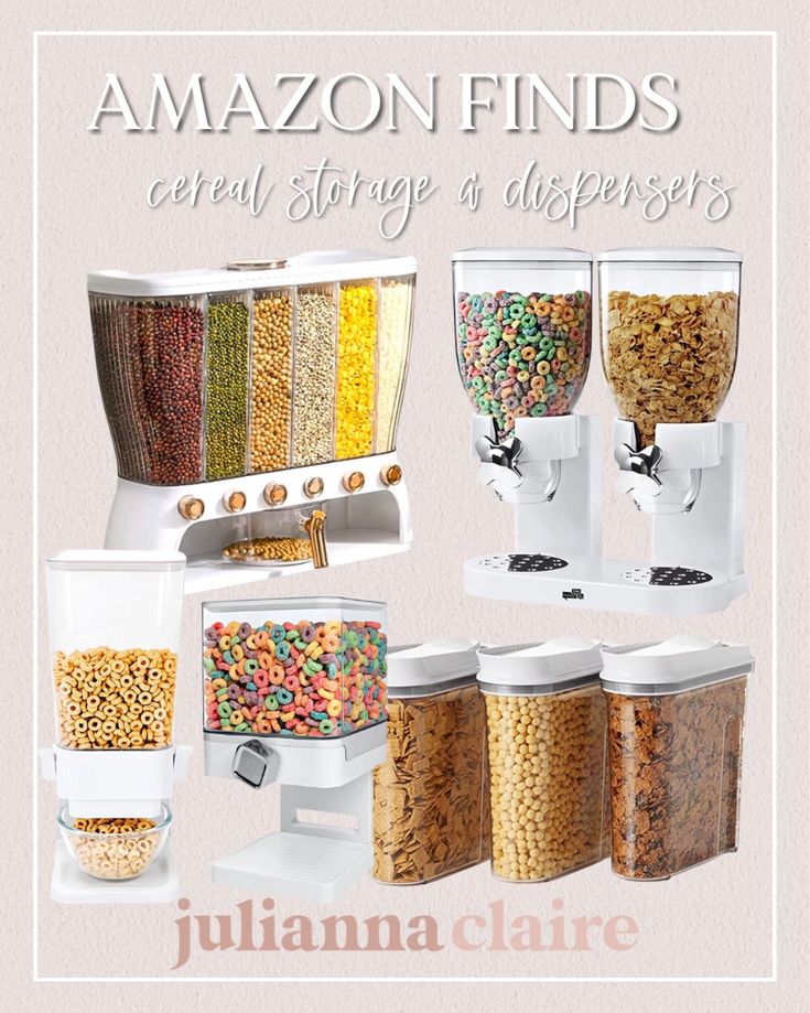 several different types of cereal dispensers in various sizes and colors, with the words amazon finds