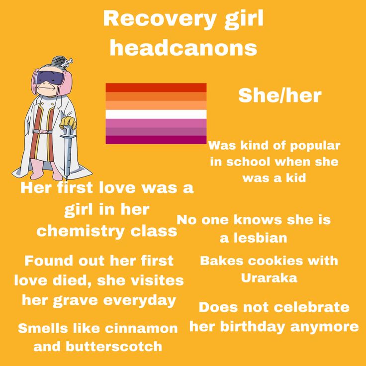 a yellow poster with the words recovery girl headcaroons she / her first love was a