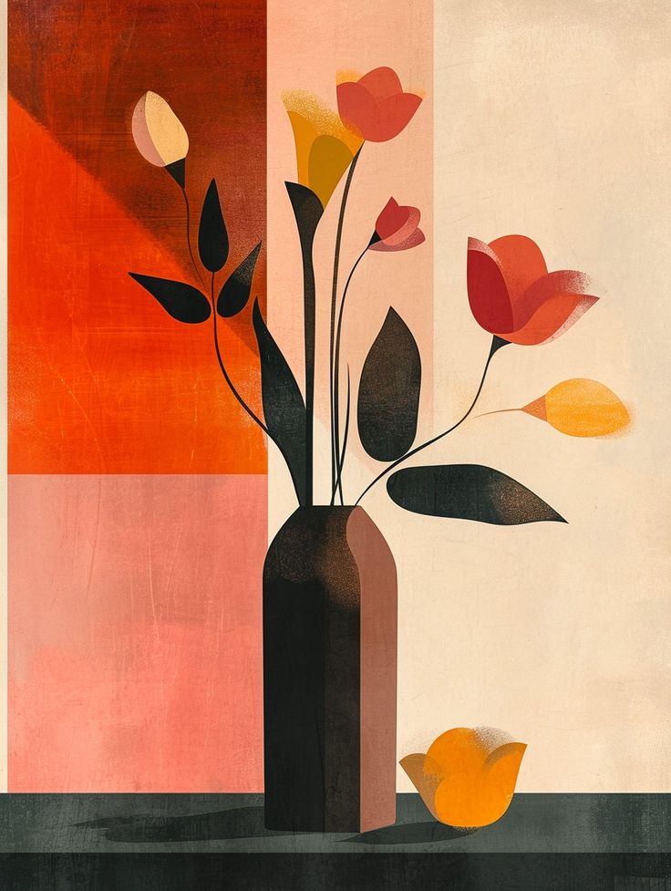 an abstract painting with flowers in a vase