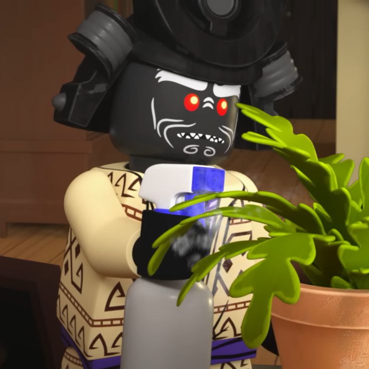 a lego character sitting next to a potted plant in a living room with red eyes