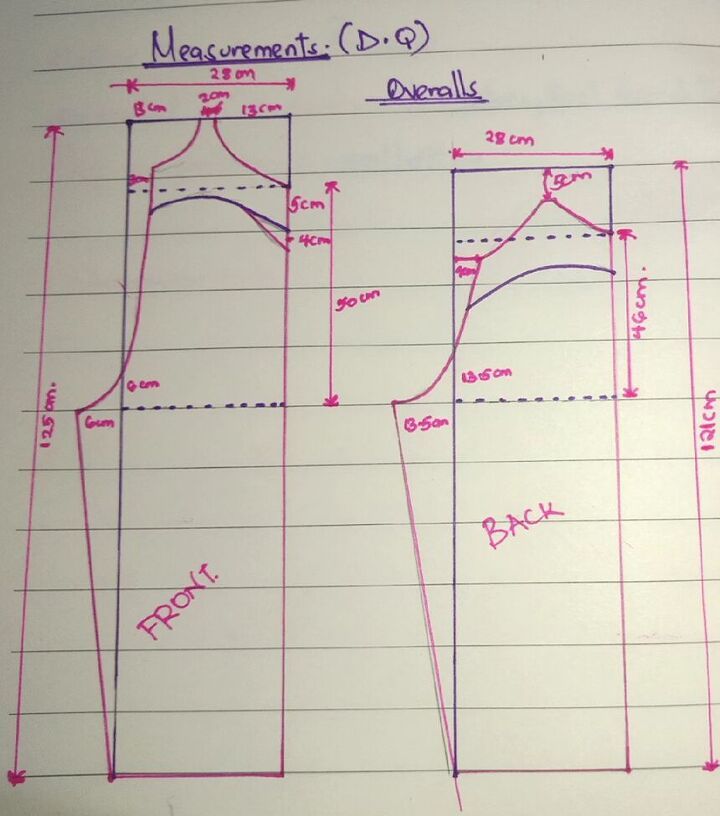 the measurements for this dress are shown in red and blue ink on a piece of paper