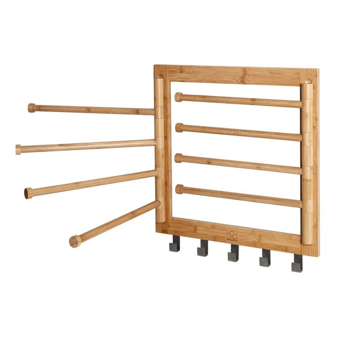 a wooden rack with four pegs attached to the top and bottom bars on each side