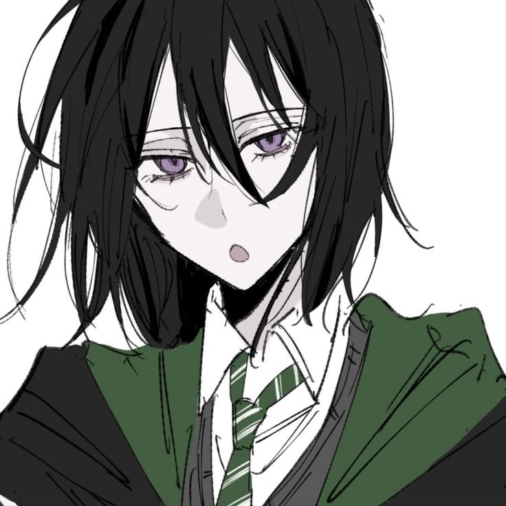 an anime character with long black hair and purple eyes, wearing a green shirt and tie