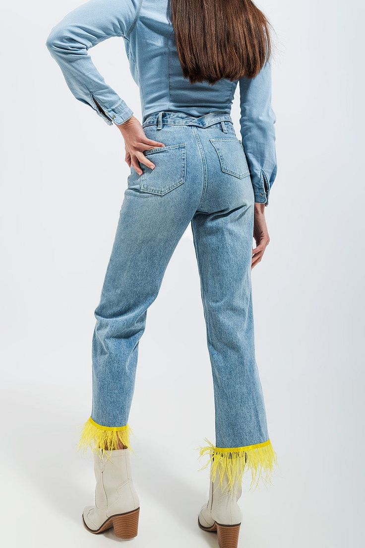 Fashionable yellow feathers turn these jeans into something spectacular. They boast of a standard cut around the thigh, with a narrow shape throughout the leg. The are full-length, with a button placket, five functional pockets, belt loops, and fabric that is made from 100% Cotton. If you like how we styled the jeans in our photos, we pair them with our Skinny Fit Western Denim Shirt in Light Wash Blue. The model is 5’8” wit measurements of 33-24-35 and is wearing a size small. The XS-S-M-L-XL s Yellow Feathers, Boho Jeans, Western Denim Shirt, Types Of Jeans, Summer Jeans, Blue China, Fashion Details, Belted Dress, Alternative Fashion