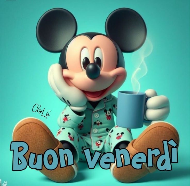 a cartoon mickey mouse holding a coffee cup