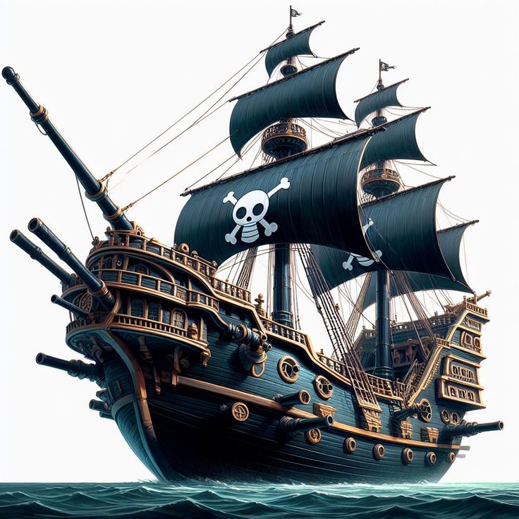 a pirate ship floating on top of the ocean with a skull and crossbones