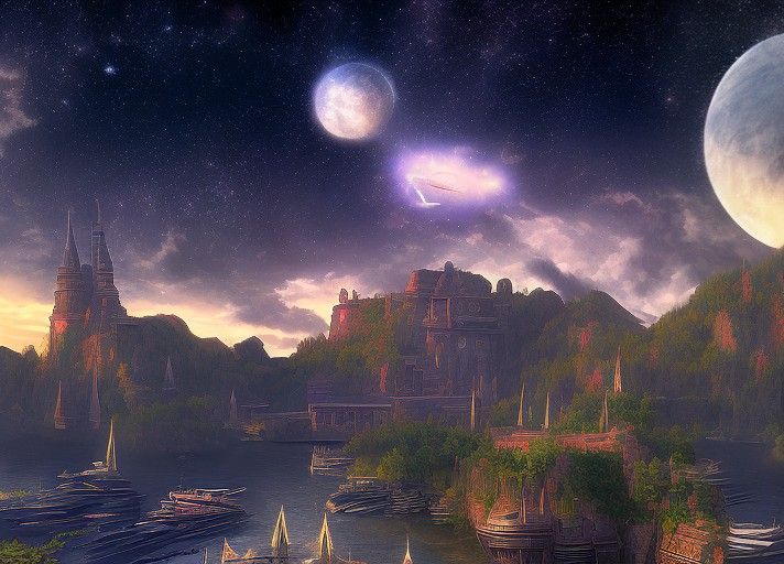 an image of a fantasy landscape with boats