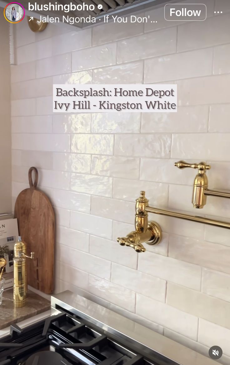 a kitchen with gold faucets and white tile backsplash home depot ivy hill kingston white