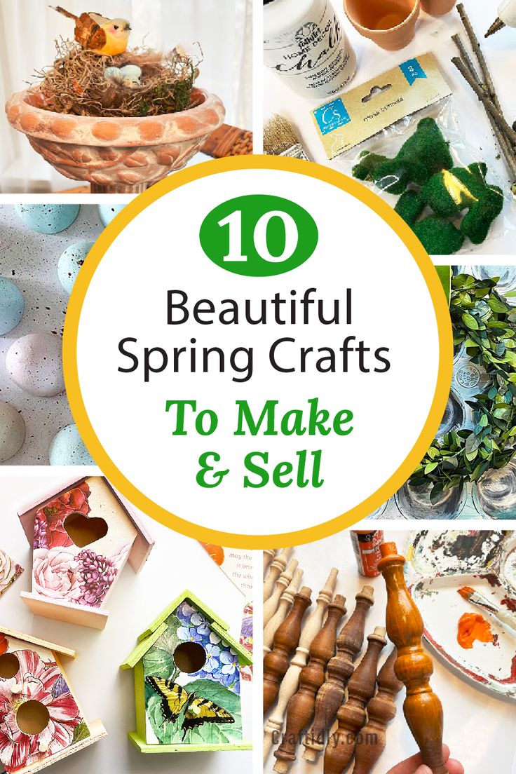 Photo of snippet photos of six out of ten easy spring crafts you can make and sell. Crafts include bird houses decorated with old greeting cards and an old muffin tin turned into a beautiful spring wreath. Spring Garden Crafts, Sellable Crafts, Springtime Crafts, Diy Spring Crafts, Easy Crafts To Sell, Easter Wood Crafts, Trending Crafts, Diy Summer Crafts, Random Crafts