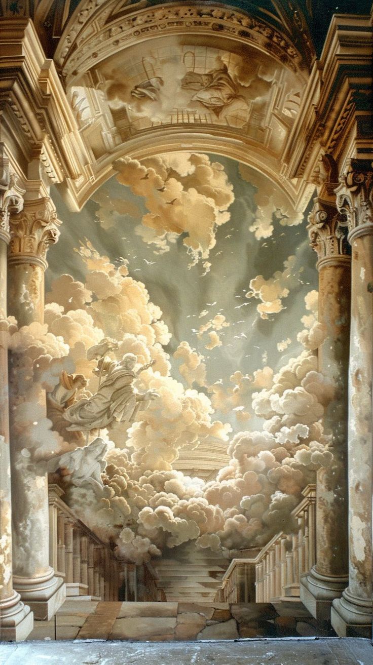 a painting of clouds and stairs in a building