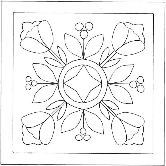 a black and white drawing of flowers in the middle of a square with diamonds on it