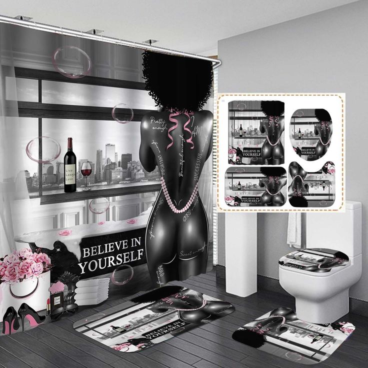 the bathroom is decorated in black and white with pink accents, including a shower curtain that says believe in yourself