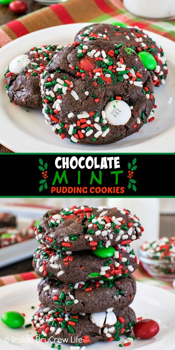 chocolate mint pudding cookies are stacked on top of each other