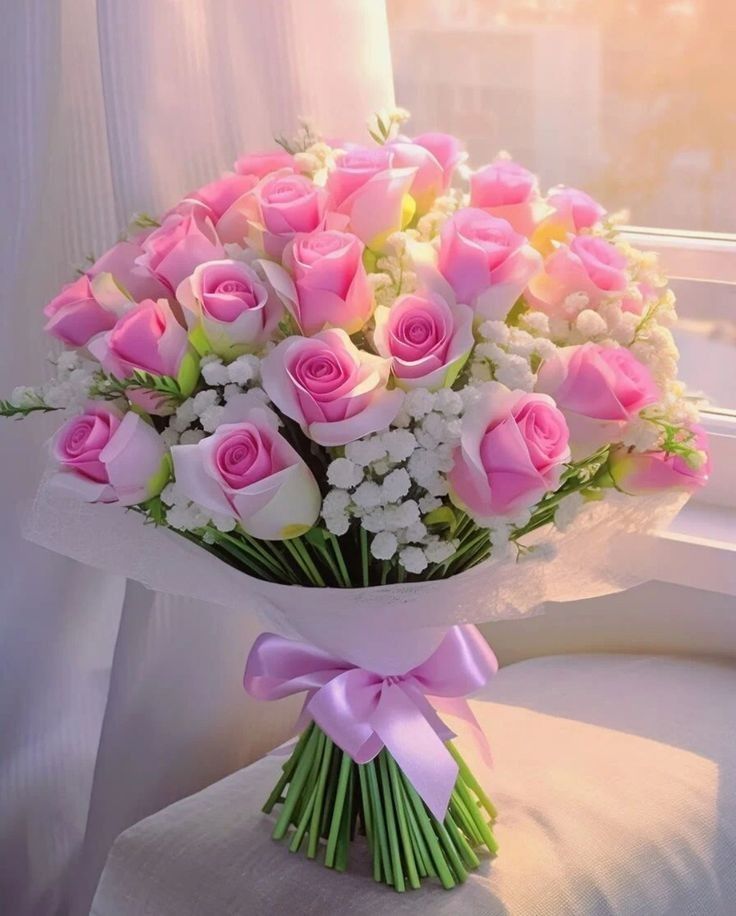 a bouquet of pink roses and white flowers