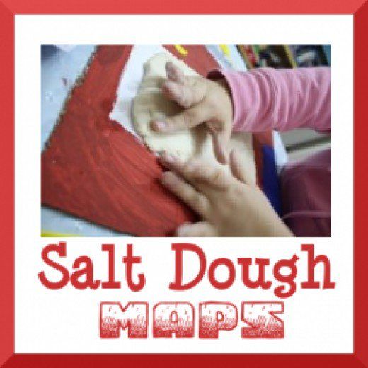 a red square frame with the words salt dough maps on it and a photo of someone's hands