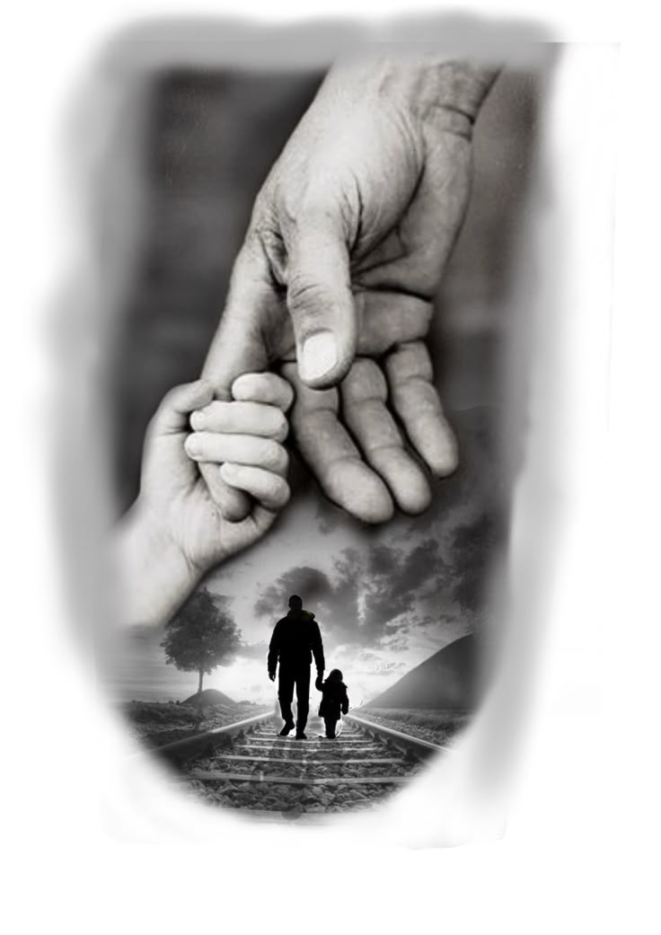 two people holding hands while walking down the street with an adult and child's hand