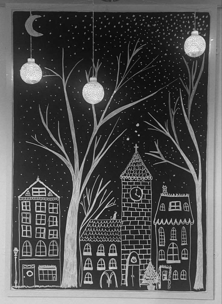 a black and white drawing of a city at night with lights hanging from the trees