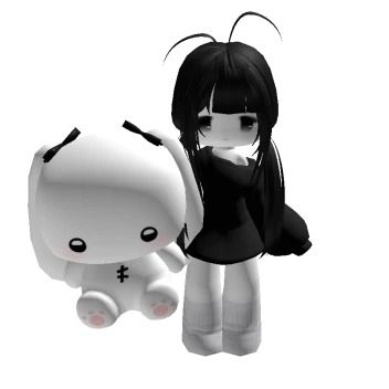 an animated girl standing next to a white stuffed animal toy with black hair and eyes