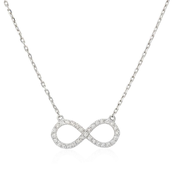 Enhance your style with Mila Gems' Diamond Infinity Necklace. Made with .20 carats of diamonds and a timeless infinity loop design, this luxurious piece is available in 14K yellow or white gold. Perfect for any occasion. Total Diamond Weight: .20 carats Necklace length is approximately 18" Estimated Delivery: 1-2 weeks Luxury Infinity Jewelry With Cubic Zirconia, Infinity Jewelry With Pave Setting For Formal, Infinity-shaped Jewelry With Pave Setting For Formal, Luxury Infinity Jewelry With Diamond Accents, Formal Infinity Jewelry With Pave Setting, Luxury Cubic Zirconia Infinity Jewelry, Luxury Infinity-shaped Cubic Zirconia Jewelry, Diamond White Infinity Necklace, White Gold Infinity Jewelry With Pave Setting