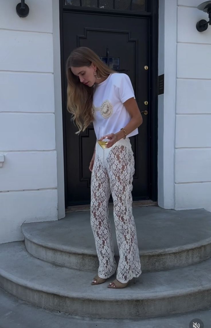 White Lace Pants Outfit, Mesh Pants Outfit, Lace Pants Outfit, White Lace Pants, Flares Outfit, Sheer Outfit, Cream Pants, Lace Leggings, Italy Outfits