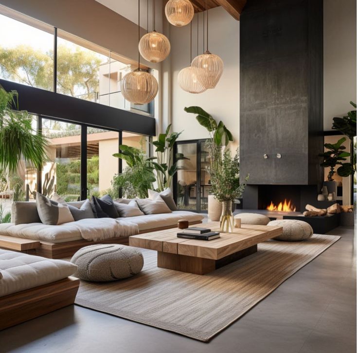 a modern living room with large windows and lots of natural greenery in the corner