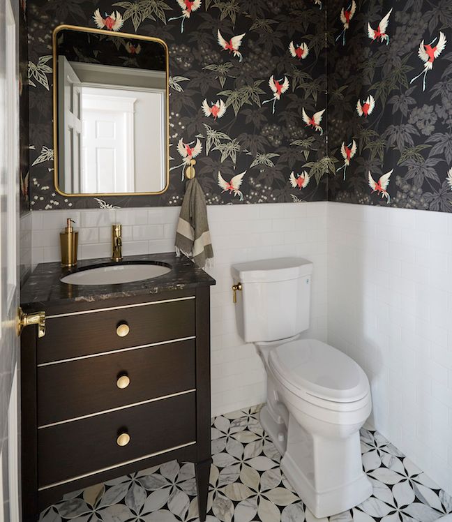 Powder Room Remodel with Bird Wallpaper and Graphic Tile Wallpaper And Tile, Gold Kitchen Hardware, Marble Bathroom Floor, Powder Room Remodel, Marble Tile Bathroom, Chicago Interior Design, Wallpaper And Tiles, New House Bathroom, Powder Room Design