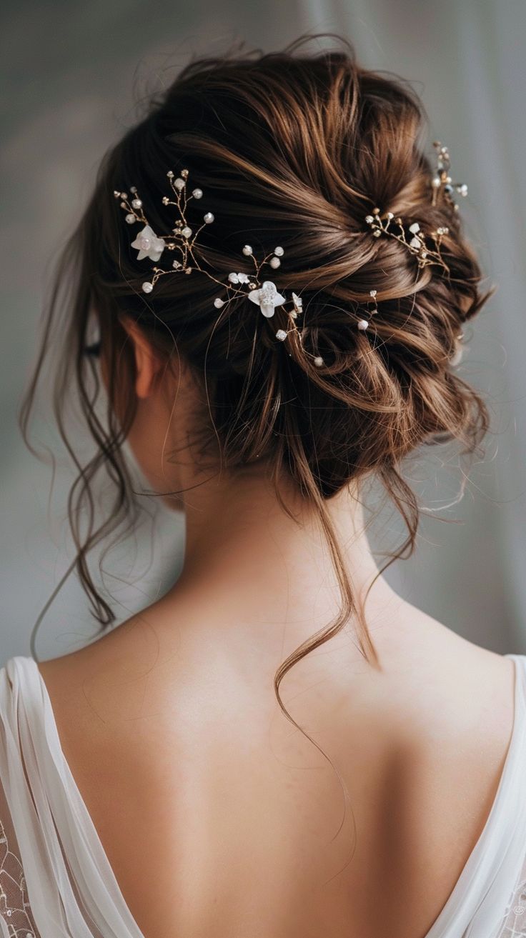 the back of a woman's head wearing a wedding hair comb with flowers in it