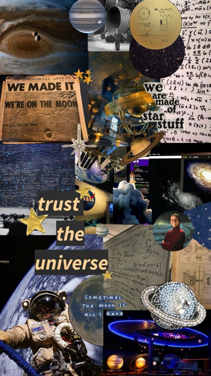 collage of images with words and pictures on them, including an astronaut's helmet