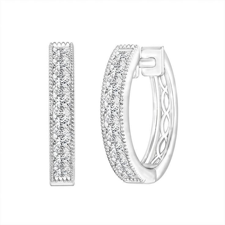 Dazzling with diamonds, these 10k white gold hoops are sure to light up your look. Click on this JEWELRY & WATCHES GUIDE to learn about fit, styles, materials and more! Dazzling with diamonds, these 10k white gold hoops are sure to light up your look. Click on this JEWELRY & WATCHES GUIDE to learn about fit, styles, materials and more! FEATURES Dimensions: 14.30 mm x 3.10 mm Nickel free Metal: 10k white gold Plating: rhodium Finish: polishedDIAMOND DETAILS Total weight: 3/4 ct. Color grade: I Cl White Diamond Hoop Earrings For Formal Occasions, Formal White Diamond Hoop Earrings, Classic White Huggie Earrings For Anniversary, Sterling Silver Channel Set Diamond White Earrings, Classic White Huggie Earrings With Diamond Accents, White Diamond Halo Hoop Earrings, White Diamond Hoop Earrings With Accents, White Small Hoop Diamond Earrings Fine Jewelry, Classic White Hoop Earrings With Halo Design