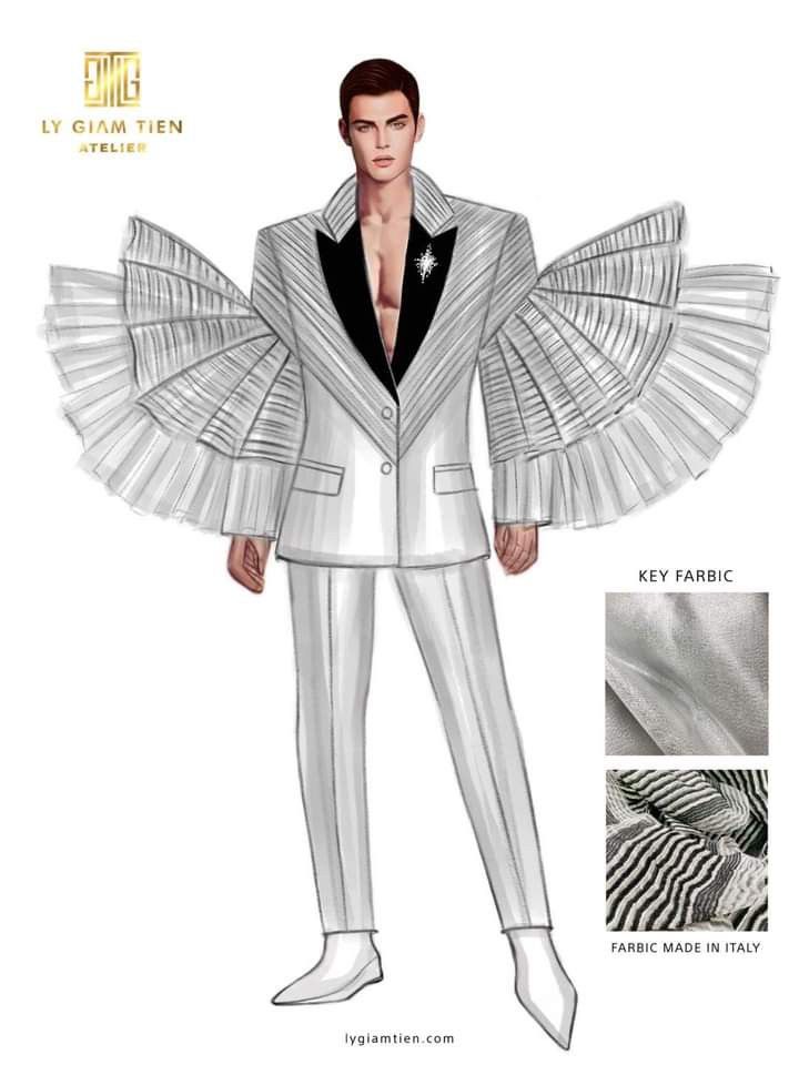 an illustration of a man in a suit with wings on his chest and legs, wearing white