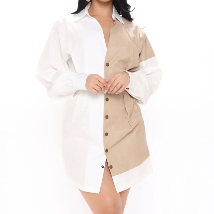 Collar Large Long Sleeve V Neck Lime Stretch Length 35 Ivory/White Combo White Collared Shirt Dress For Work, White Shirt Dress For Workwear In Fall, White Fall Shirt Dress For Work, White Shirt Dress For Fall Workwear, White Shirt Dress For Beach In Fall, Neutral Long Sleeve Shirt Dress Casual, White Long Sleeve Shirt Dress For Brunch, White Mini Shirt Dress For Beach, White Long Sleeve Mini Dress For Day Out