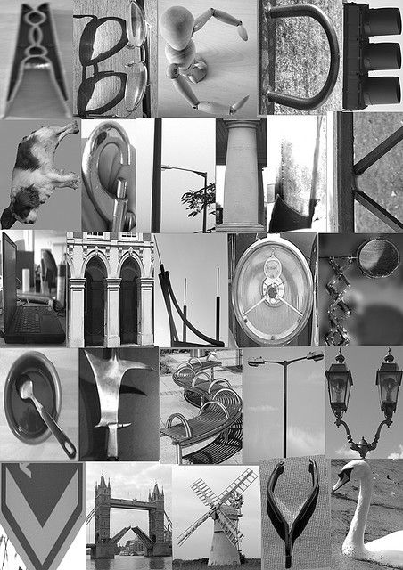 black and white collage with many different things to see in the image, including letters