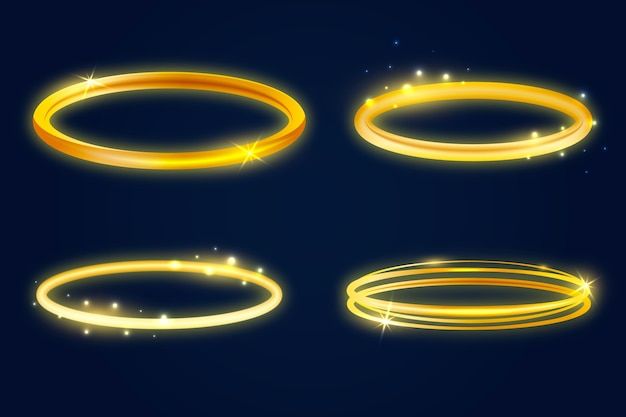 four shiny gold rings with sparkles on a dark background, set of three different sizes