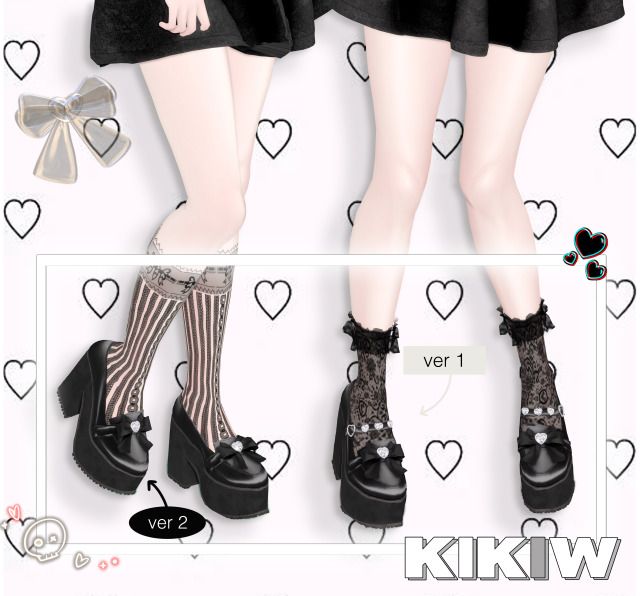 two girls wearing black shoes with bows and hearts on them