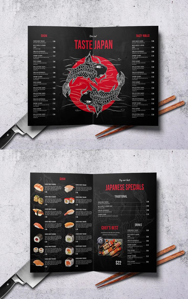 two menus with chopsticks in front of them