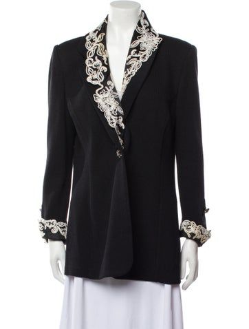 St. John Evening JacketBlackEmbroidered & Crystal AccentsShawl CollarPatch Pockets & Button ClosureDesigner Fit: Jackets by St. John typically fit true to size. Formal Embroidered Fall Blazer, Formal Fall Embroidered Blazer, Fall Formal Embroidered Blazer, Winter Formal Blazer With Floral Embroidery, Elegant Embroidered Blazer For Fall, Vintage Embroidered Formal Outerwear, Vintage Embroidered Outerwear For Formal Events, Vintage Embroidered Blazer For Formal Occasions, Embroidered Winter Formal Blazer