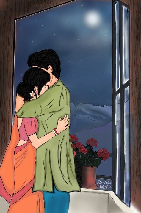 two people embracing each other in front of a window with the night sky and mountains outside