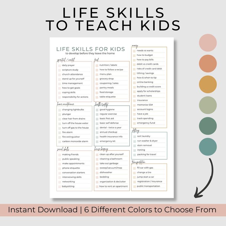 the printable life skills to teach kids is shown on top of a white background