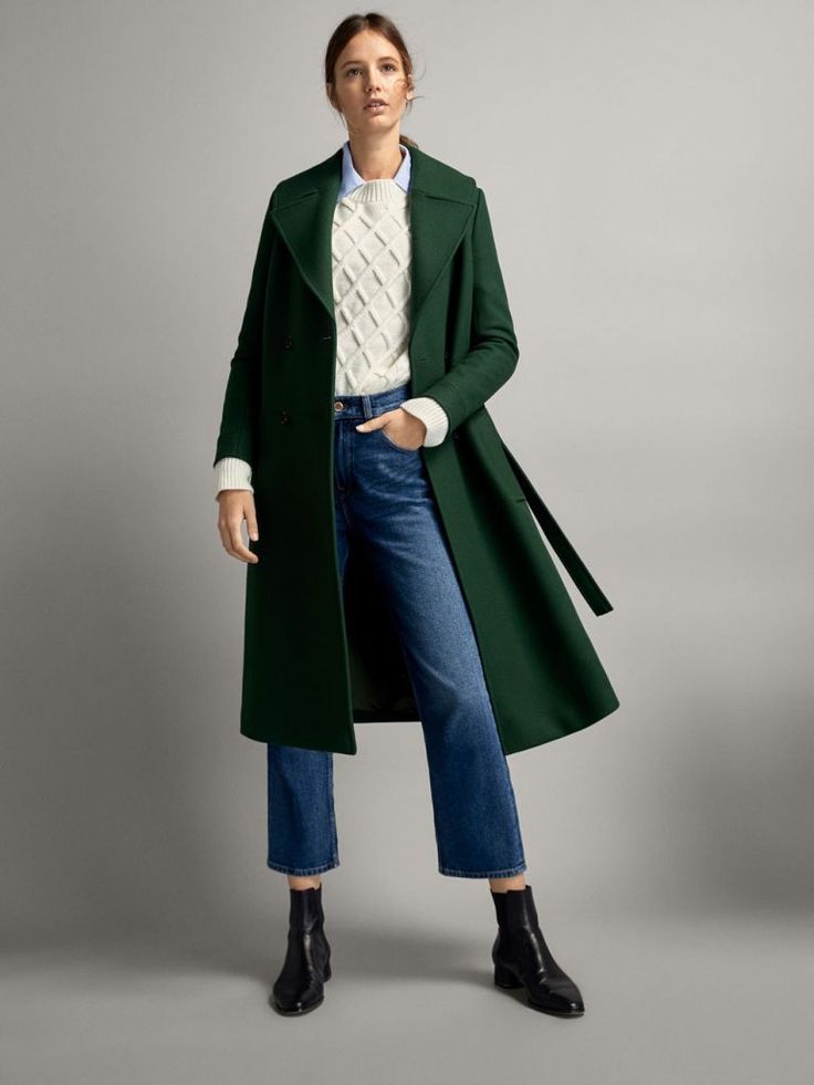 Green belted coat Green Coat Outfit Winter, Green Coat Outfit, Coat Outfits For Women, Green Jacket Outfit, Dark Green Coat, Long Green Coat, Long Coat Outfit, Green Wool Coat, Black Skirt Outfits