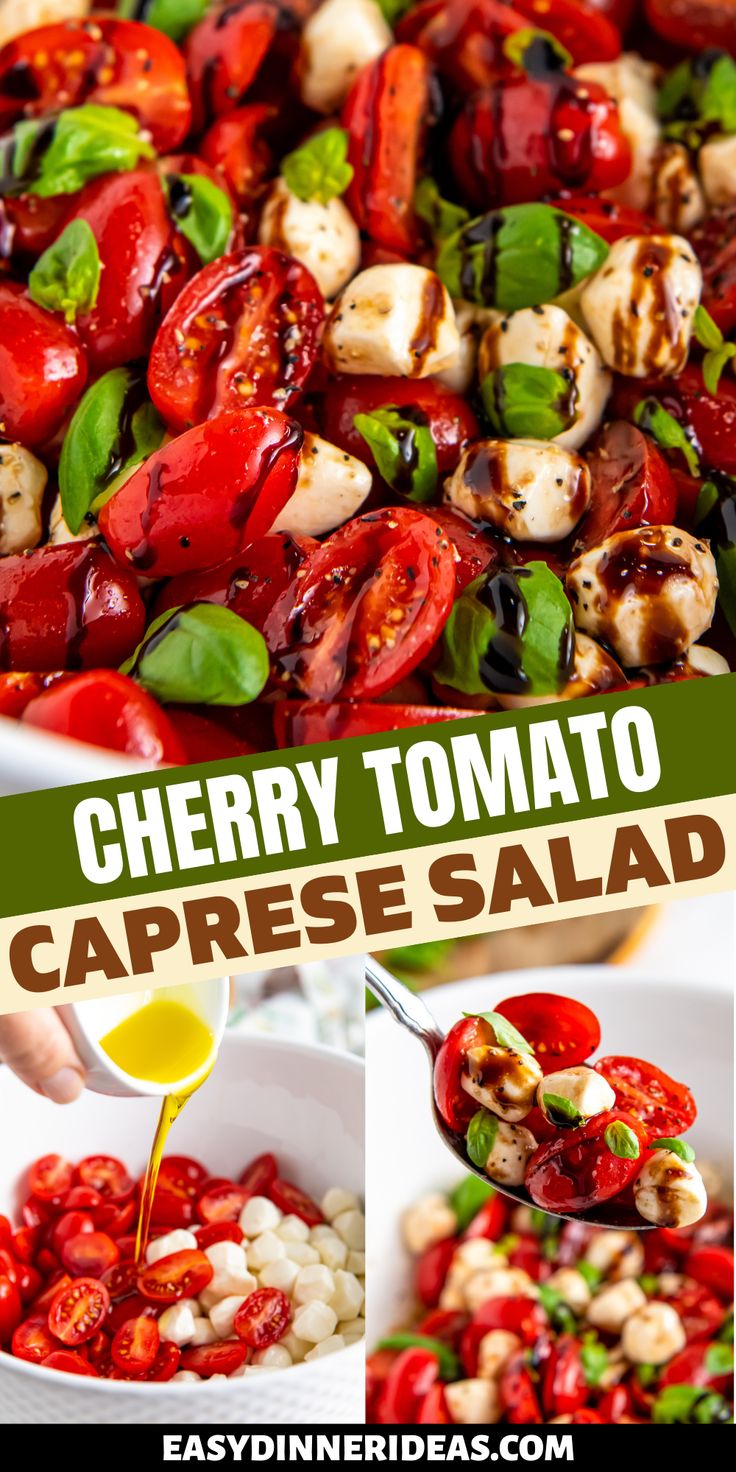 cherry tomato caprese salad in a bowl with dressing being drizzled over it