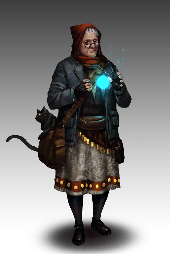 a woman holding a glowing ball in her hand and a cat on her shoulder, standing next to her